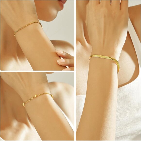 Trendy 6pcs Gold Bracelets Set for Women, 14K Gold Plated, Adjustable, Waterproo - Picture 4 of 8